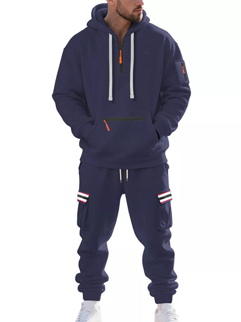 Men's Full Size Casual Half-Zip Hoodie and Cargo Pants Set Plus Size