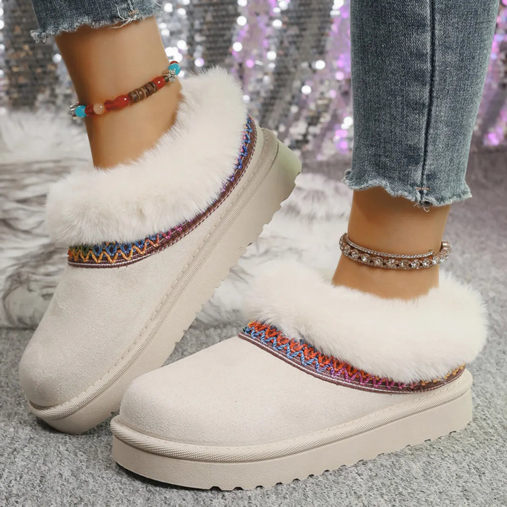 Fur-Lined Platform Boots with Decorative Woven Strap