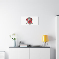 Modern kitchen interior with a painting of a cartoon character on the wall.