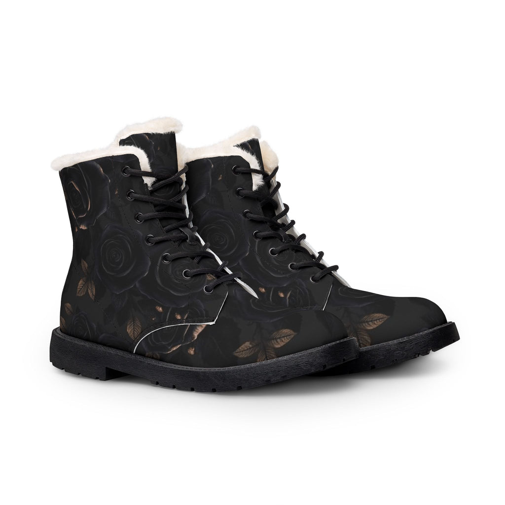 Women's Black Rose Fur-Lined Leather Boots — Warm Winter Lace-Up Combat Style
