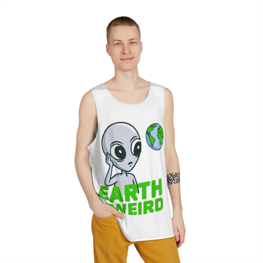 Earth Is Weird Alien Graphic Tank Top — Funny Sci‑Fi Mens Sleeveless Shirt