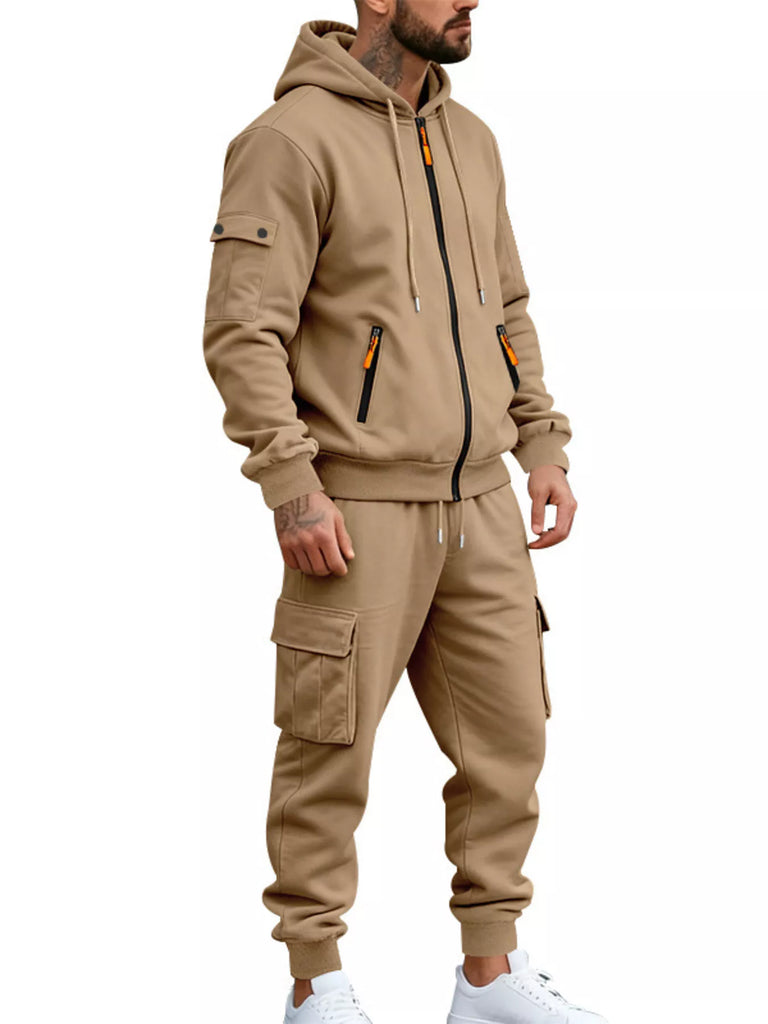Men's Plus Size Casual Zip-Up Hoodie and Cargo Pants Set