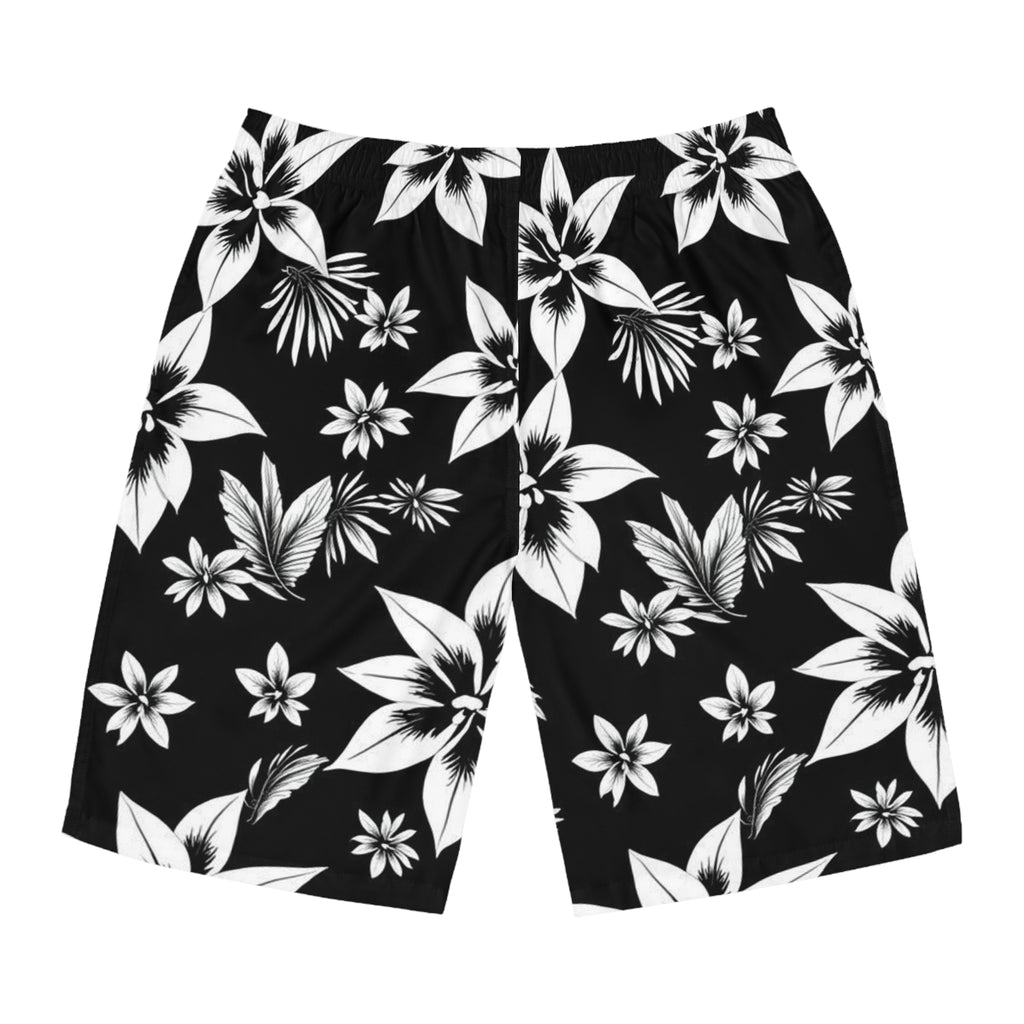 Black & White Hawaiian Floral Board Shorts — Men's Tropical Swim Trunks