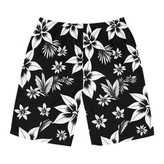 Black shorts with white floral pattern on a white background