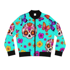 Colorful jacket with sugar skull and butterfly design on a turquoise background
