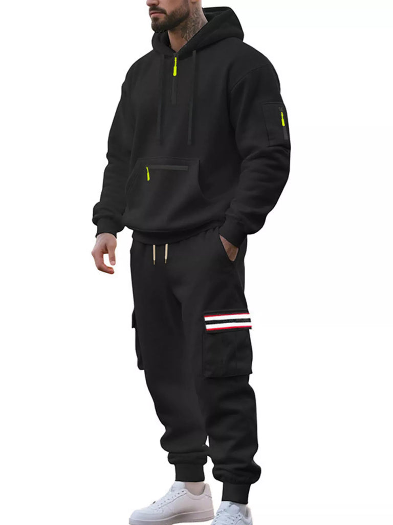 Men's Full Size Casual Half-Zip Hoodie and Cargo Pants Set Plus Size