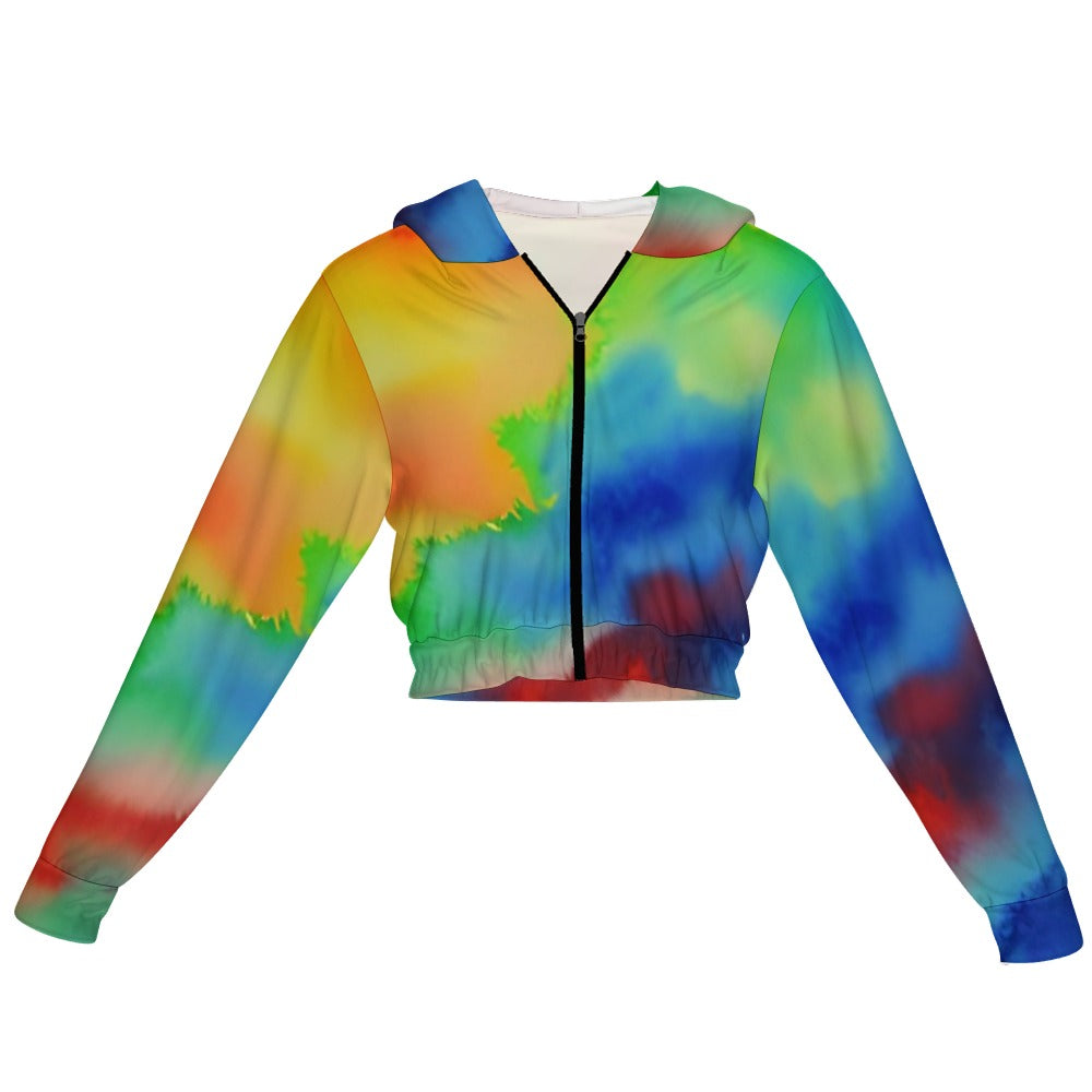 Women’s Watercolor Art Cropped Chiffon Jacket – Zip-Up Lightweight Printed Coat