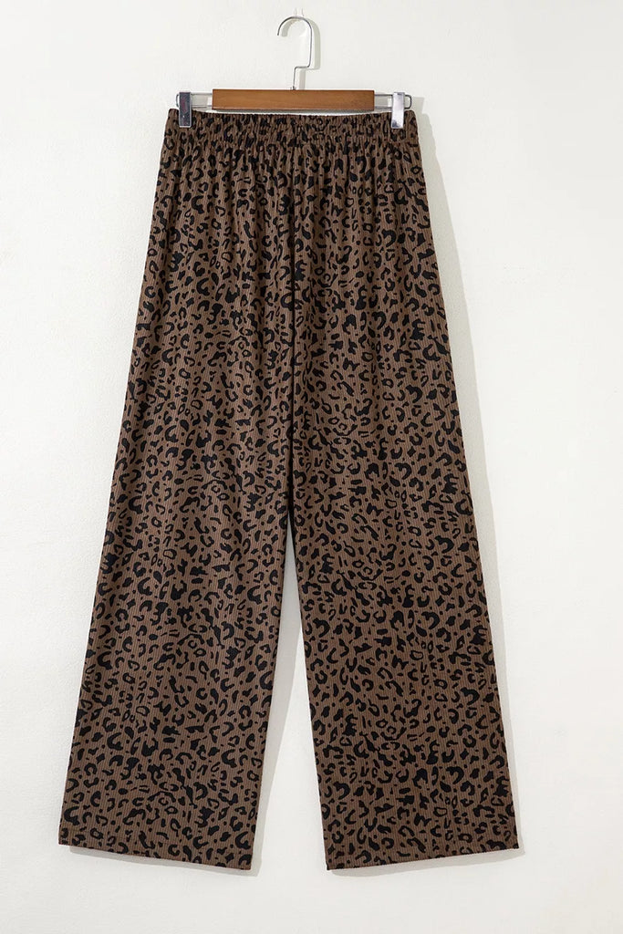 Leopard Print Elastic High Waist Loose Corduroy Pants