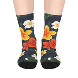 Tropical Floral Mid-Length Socks — Yellow & Orange Plumeria Design thumbnail 1