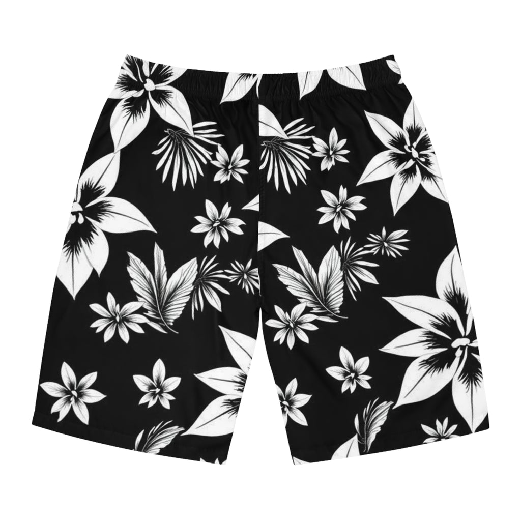 Black & White Hawaiian Floral Board Shorts — Men's Tropical Swim Trunks