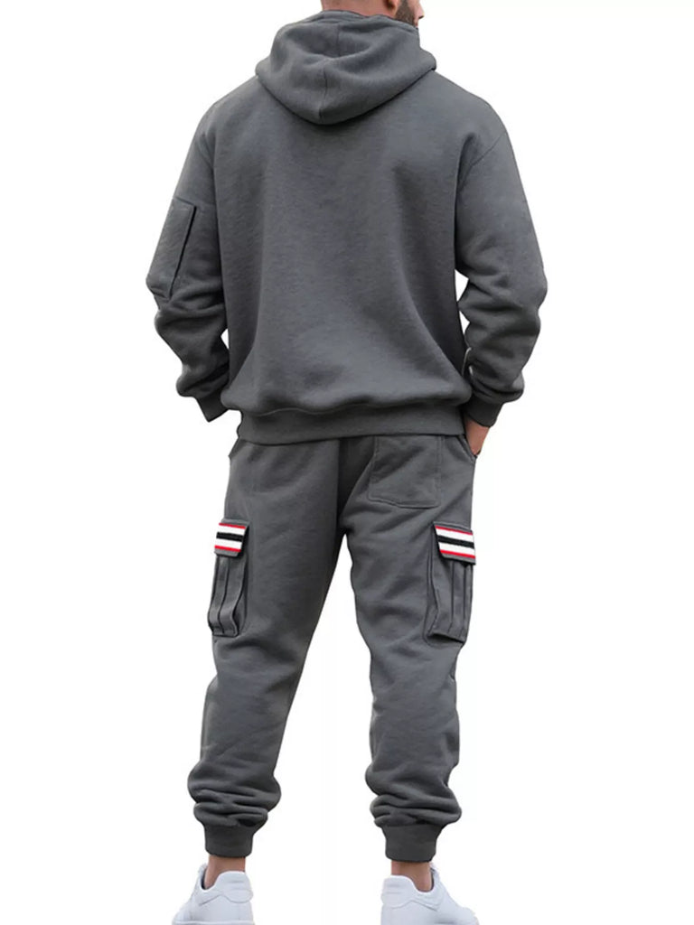Men's Full Size Casual Half-Zip Hoodie and Cargo Pants Set Plus Size