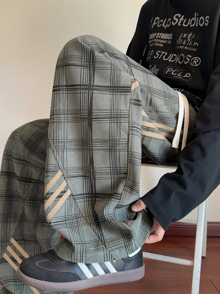Men's Plaid Wide-Leg Pants with Side Stripes