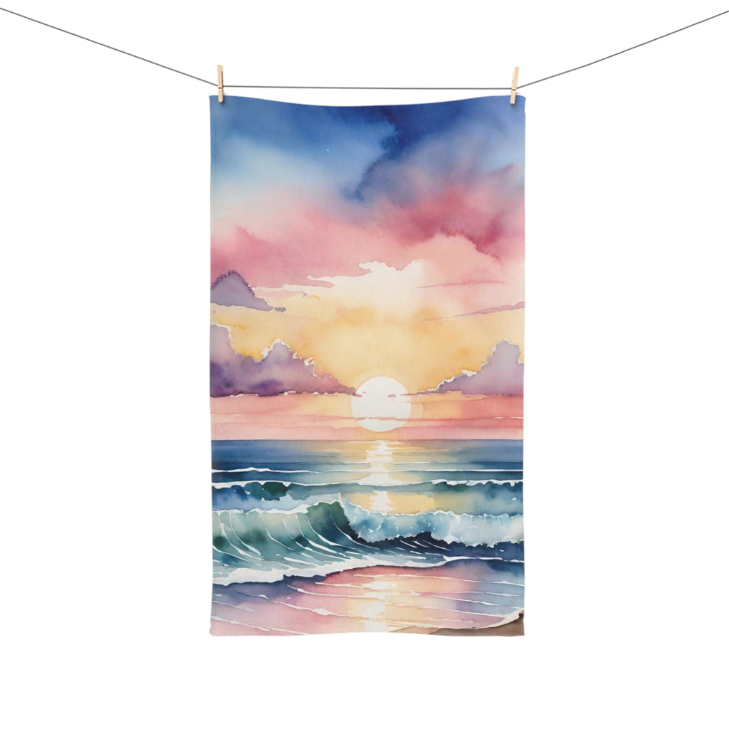Sunset Ocean Watercolor Hand Towel — Beach Waves Sunrise Kitchen Towel