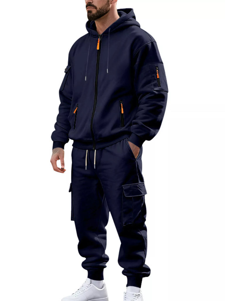Men's Plus Size Casual Zip-Up Hoodie and Cargo Pants Set