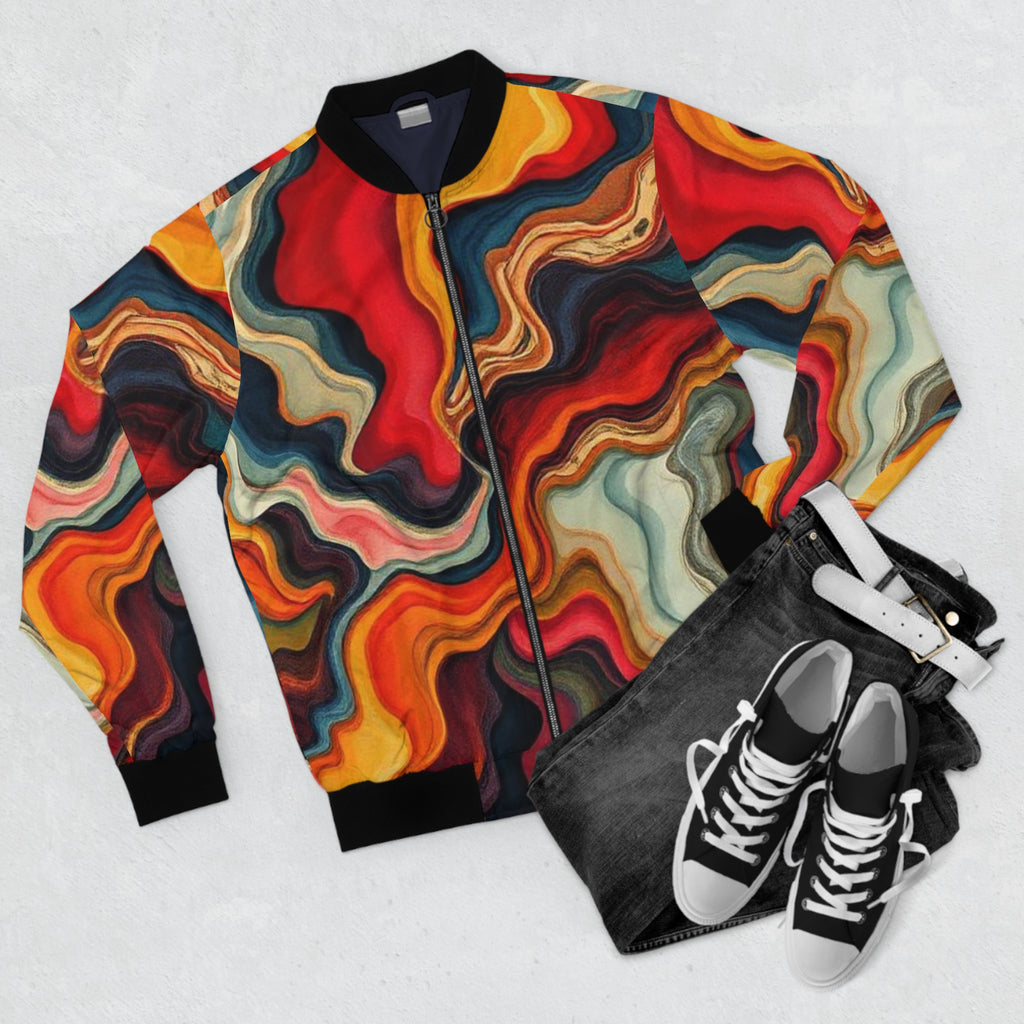 Abstract Swirl Bomber Jacket — Colorful Retro Marble AOP