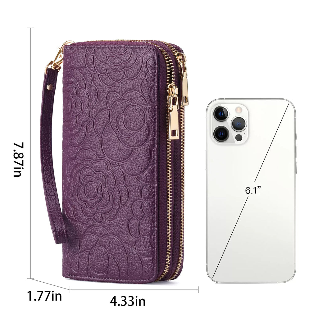 Embossed Floral Pattern Double Zipper Wallet