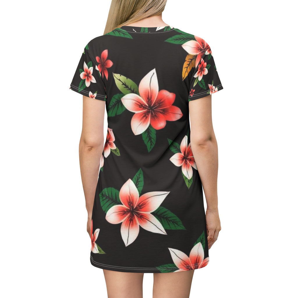 Floral Plumeria T-Shirt Dress — Pink Tropical All-Over Print