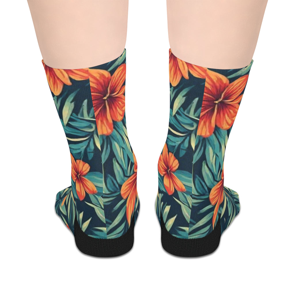 Tropical Floral Mid-Length Socks — Hibiscus Leaf Pattern