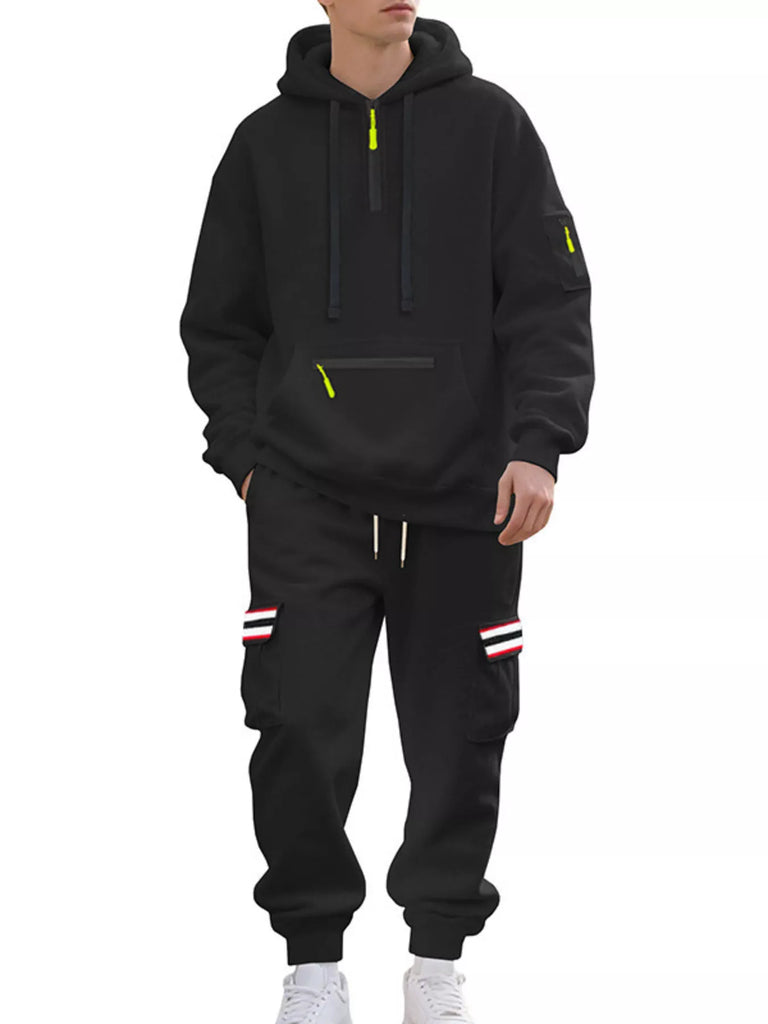Men's Full Size Casual Half-Zip Hoodie and Cargo Pants Set Plus Size