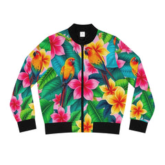 Colorful jacket with tropical floral and parrot design on a white background