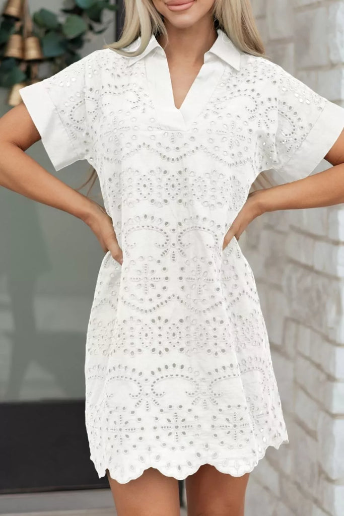 Solid Color Eyelet Embroidered T Shirt Mini Dress