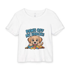 White t-shirt with a cartoon dog and 'Paws Off My Snacks' text on a white background
