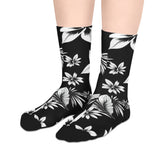Floral Stripe Mid-Length Socks — Black & White Tropical Flower Crew Socks thumbnail 3