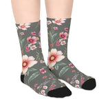 Floral Blooms Mid-Length Socks — Vintage Green Pink Flower Crew Socks thumbnail 4