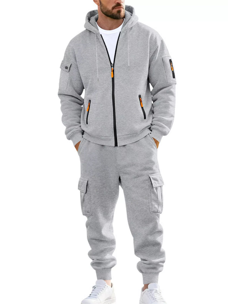 Men's Plus Size Casual Zip-Up Hoodie and Cargo Pants Set