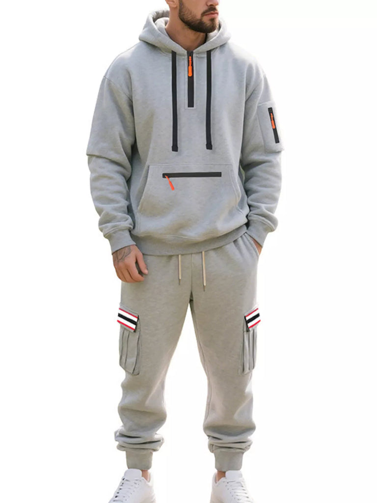 Men's Full Size Casual Half-Zip Hoodie and Cargo Pants Set Plus Size