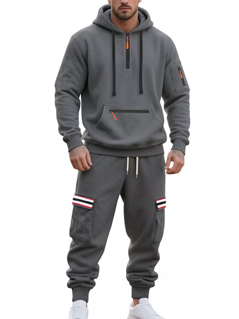 Men's Full Size Casual Half-Zip Hoodie and Cargo Pants Set Plus Size