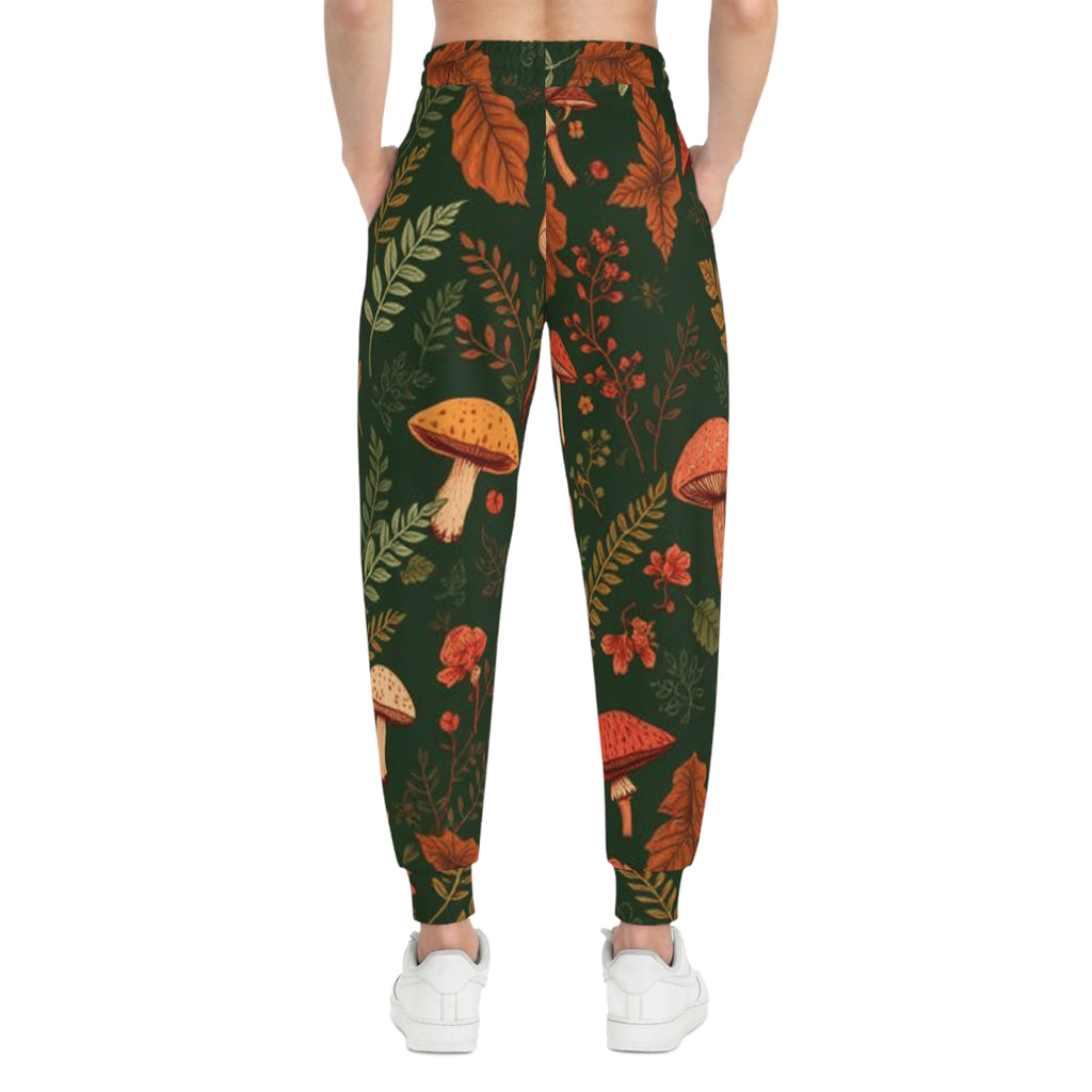Autumn Mushroom Joggers — Forest Foliage Allover Print Athletic Pants
