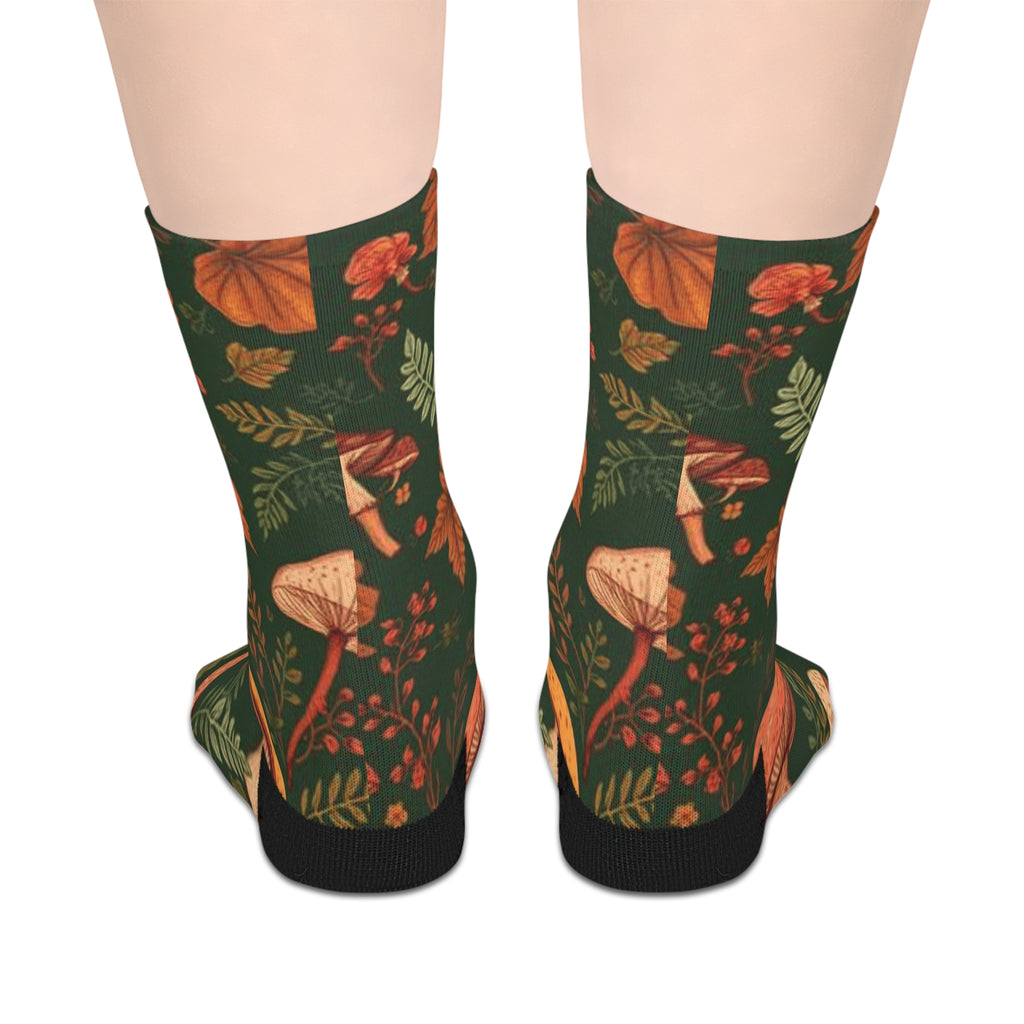Autumn Mushroom Crew Socks — Forest Leaves & Fungi Mid-Calf Socks