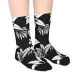 Floral Stripe Mid-Length Socks — Black & White Tropical Flower Crew Socks thumbnail 4