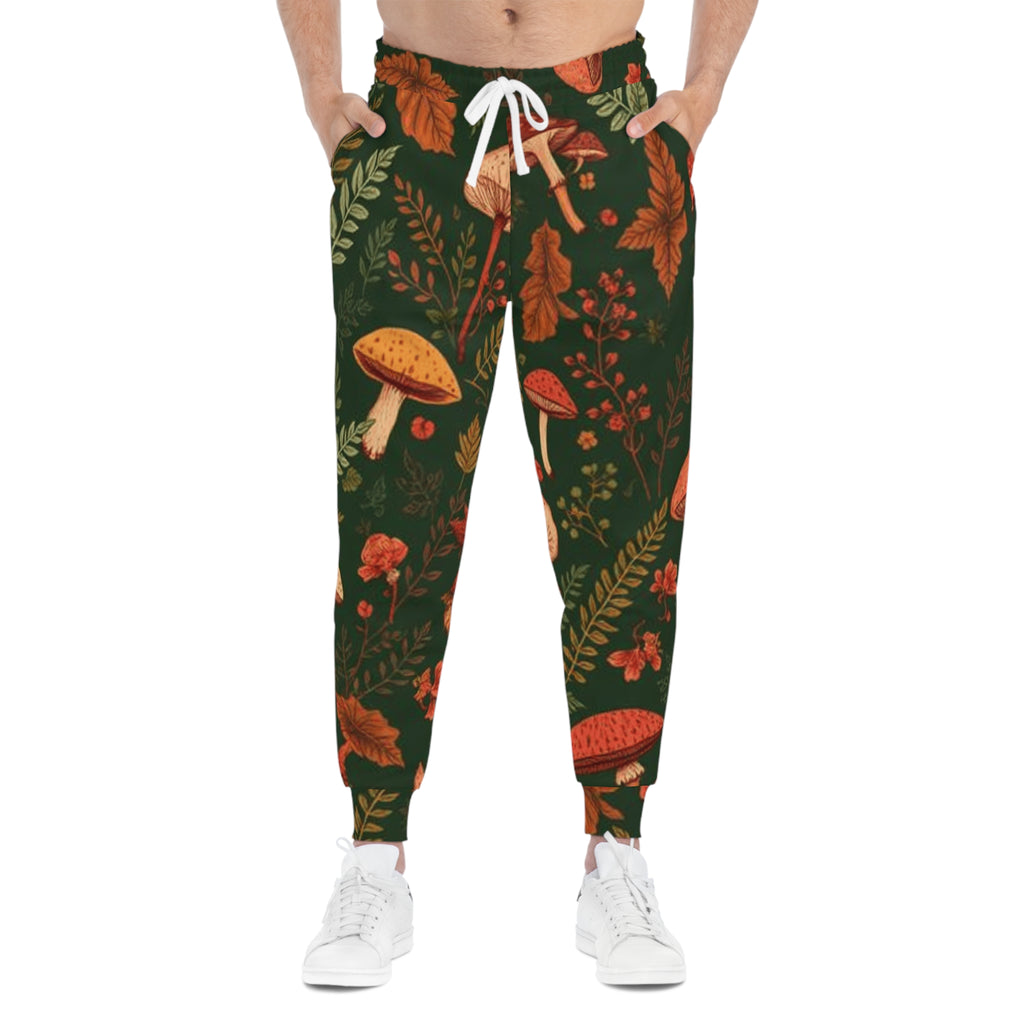 Autumn Mushroom Joggers — Forest Foliage Allover Print Athletic Pants