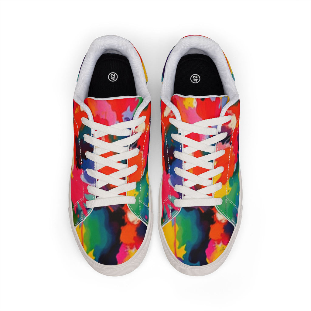Men's Low-Top Leather Sneakers — Vibrant Multicolor Abstract Paint Splash Design