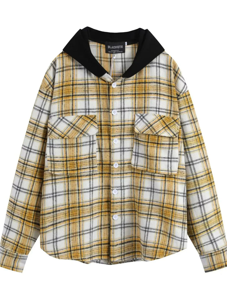 Men's Plaid Button Up Hooded Shirt