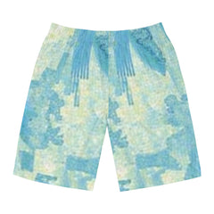 Tie-dye shorts with blue and green pattern on a white background