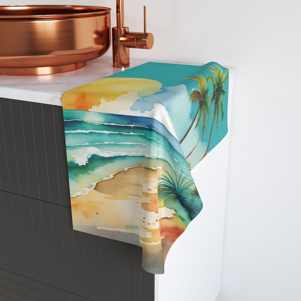 Tropical Sunset Hand Towel — Beach Palm Tree Watercolor Design