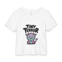 White t-shirt with 'Tiny Terror' text and cartoon monster design on a white background