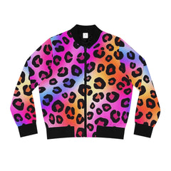 Colorful leopard print jacket on a white background