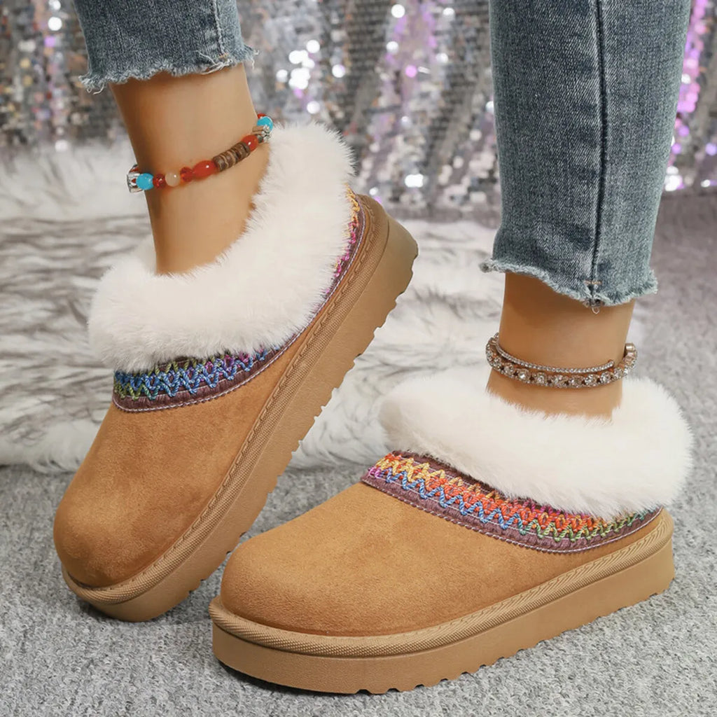 Fur-Lined Platform Boots with Decorative Woven Strap