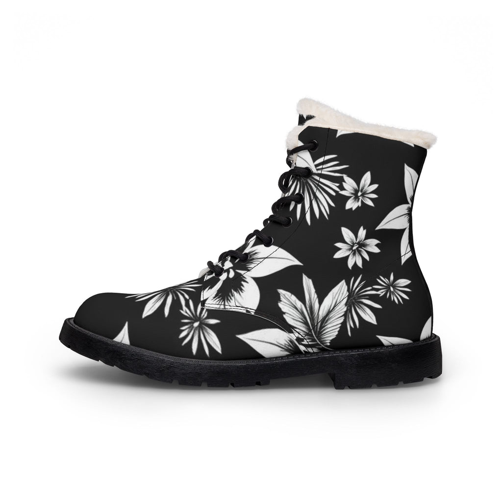 Floral Fur-Lined Leather Boots — Black & White Winter Combat Boots