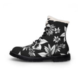 Floral Fur-Lined Leather Boots — Black & White Winter Combat Boots thumbnail 3