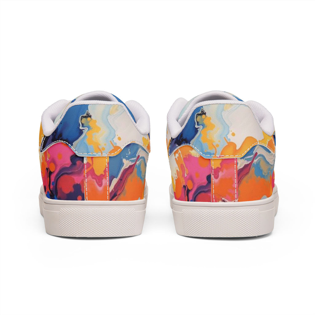 Men's Low-Top Leather Sneakers — Vibrant Abstract Watercolor Print