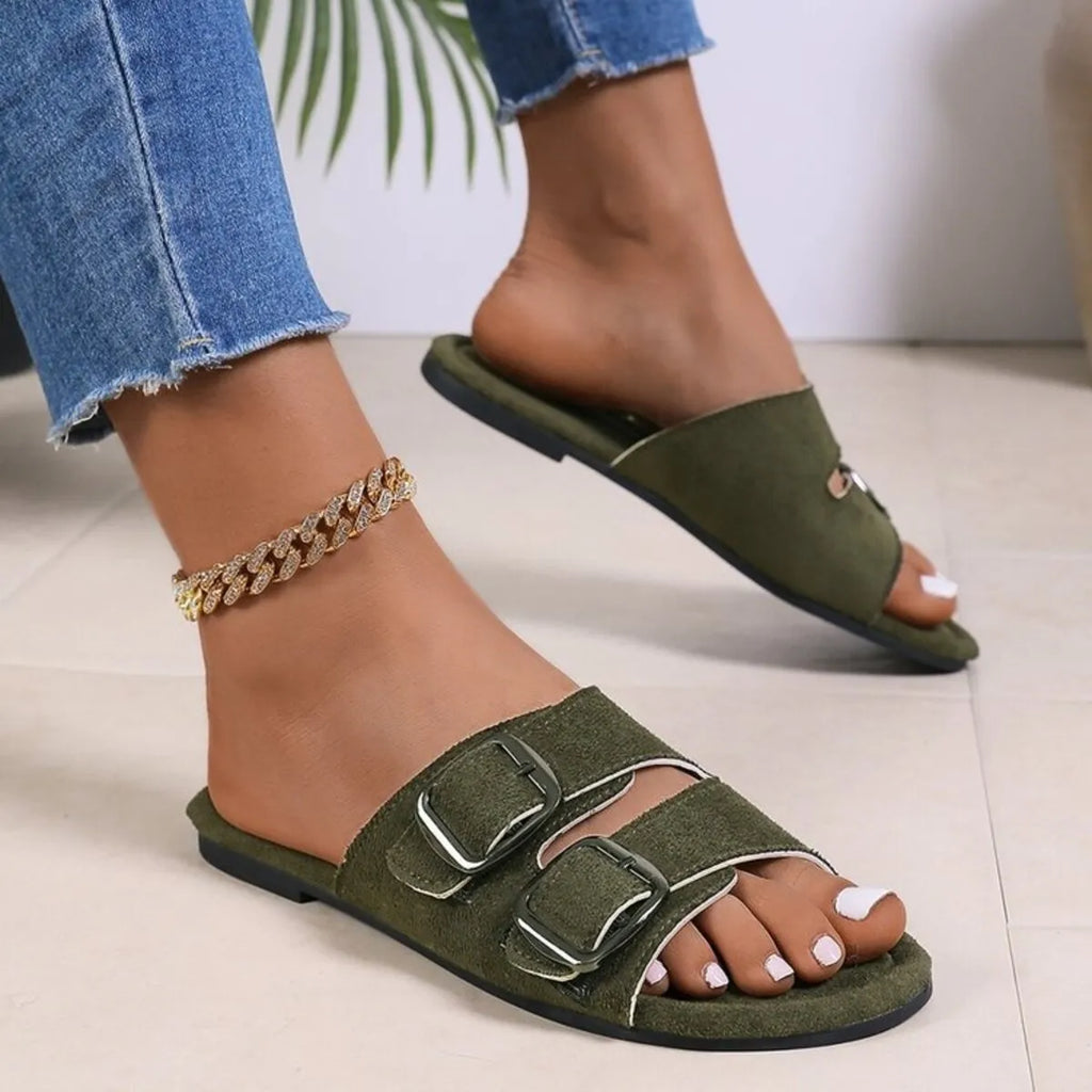Double Buckle Flat Slide Sandals