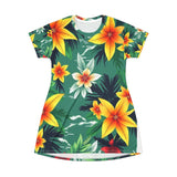 Tropical Floral T-Shirt Dress — Green Hibiscus All-Over Print thumbnail 1