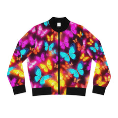 Colorful butterfly-patterned jacket on a white background