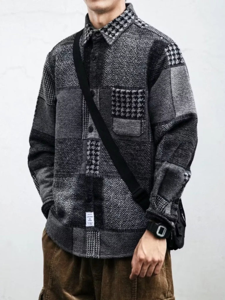 Men's Plus Size Plaid Patchwork Button Up Shacket