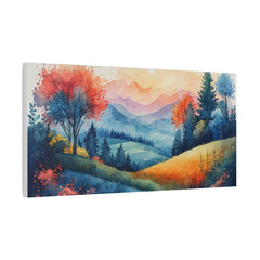 Colorful landscape painting with trees and mountains on a white background